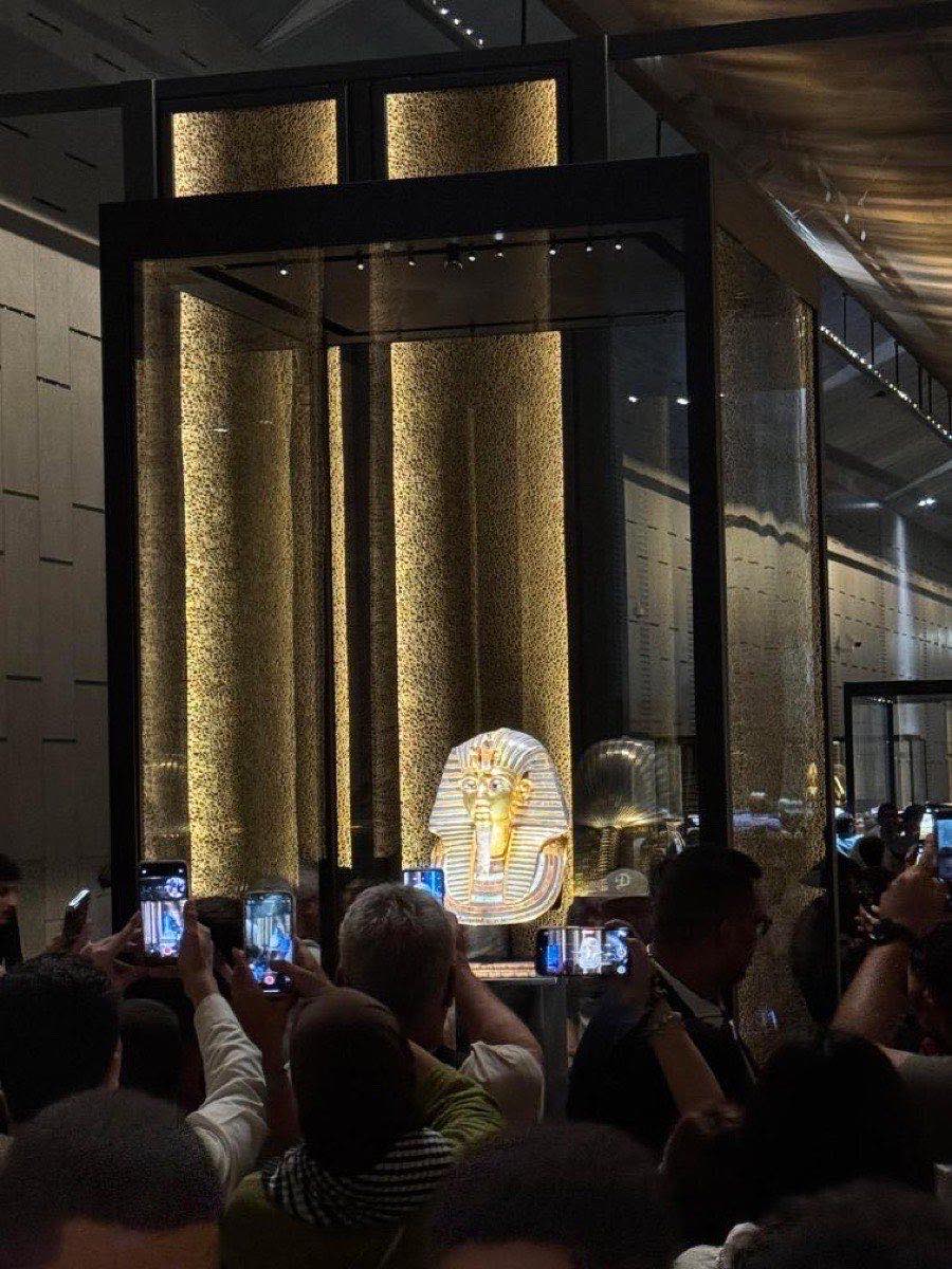 Detail of golden Tutankhamun objects at the Grand Egyptian Museum